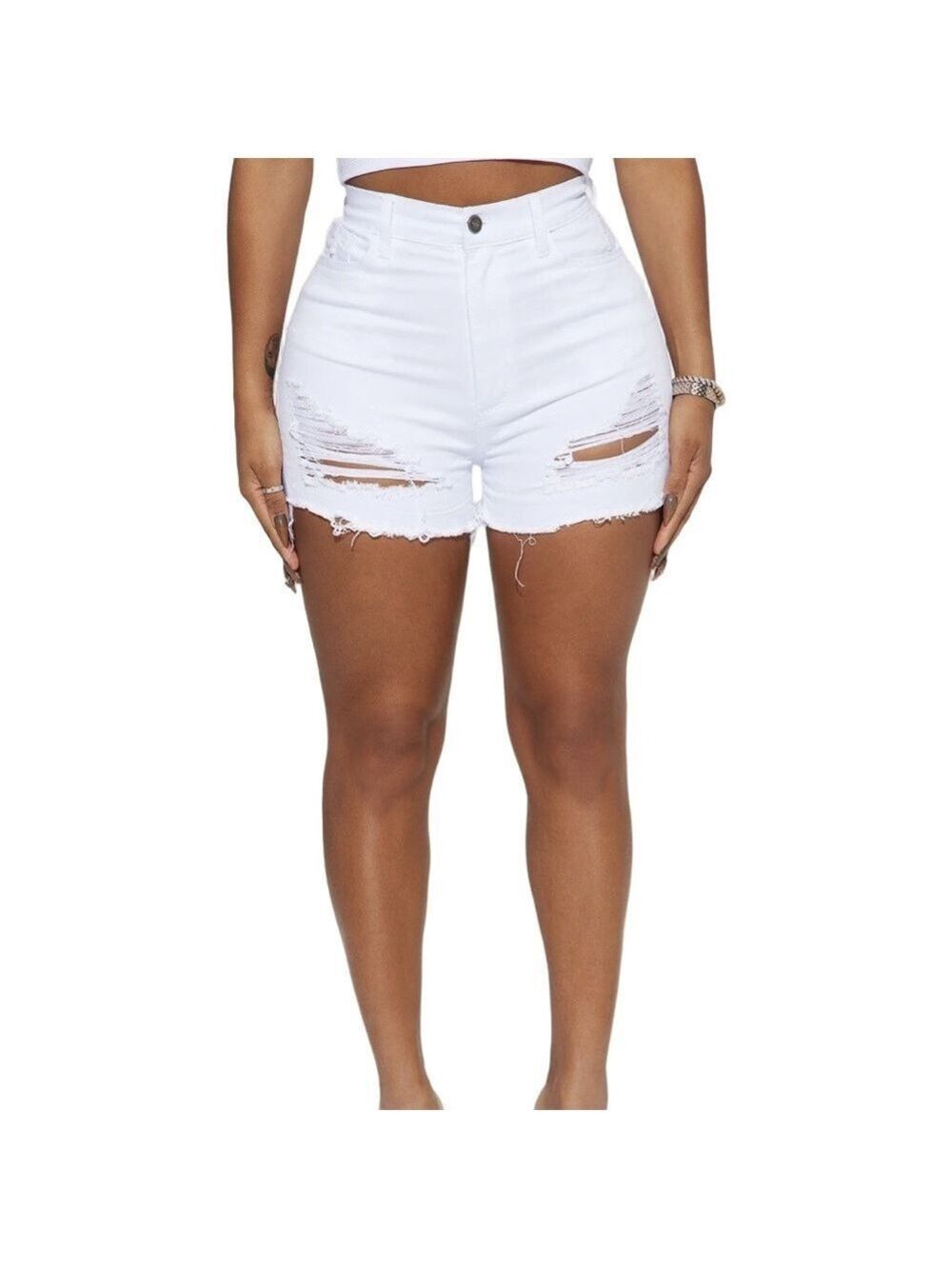 Fashion Nova White Distressed High Rise Fashion Denim Jean Shorts - Picture 3 of 7
